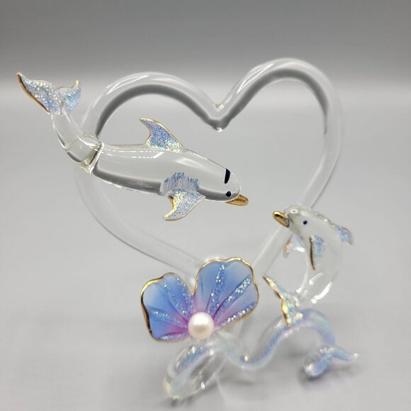 Handcrafted Glass Dolphin Figurine Sparkly Flower Accent Love Valentine Gift - Picture 9 of 10